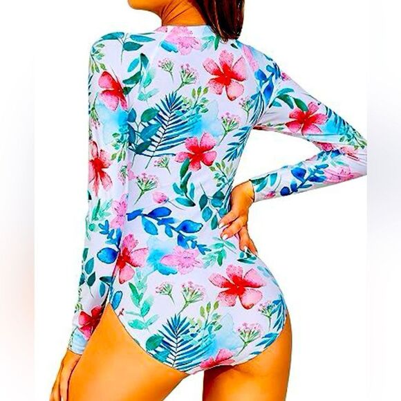 Daci Women Pink Floral Rash Guard Long Sleeve One Piece NWT - Picture 2 of 5